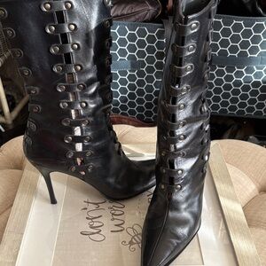 Stuart Weitzman Black Lace-Up Heeled Boots